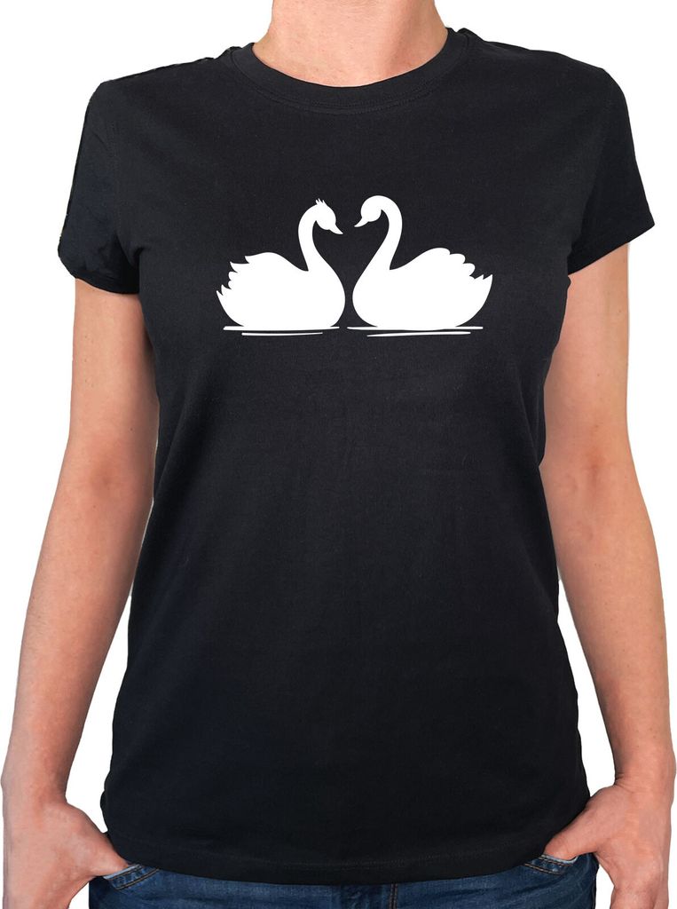 Huuraa Damen T-Shirt Schwan Pärchen XXL Black Bio Baumwolle Fairtrade Damenshirt Geschenkidee