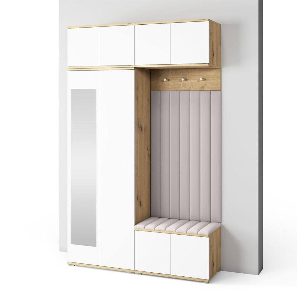 Garderoben-Set Aura Version 9: Kleiderschrank mit Polsterpaneelen, Schuhschrank Flur und Eingangsbereich (weiß/Artisan-Eiche /Trinity 01)