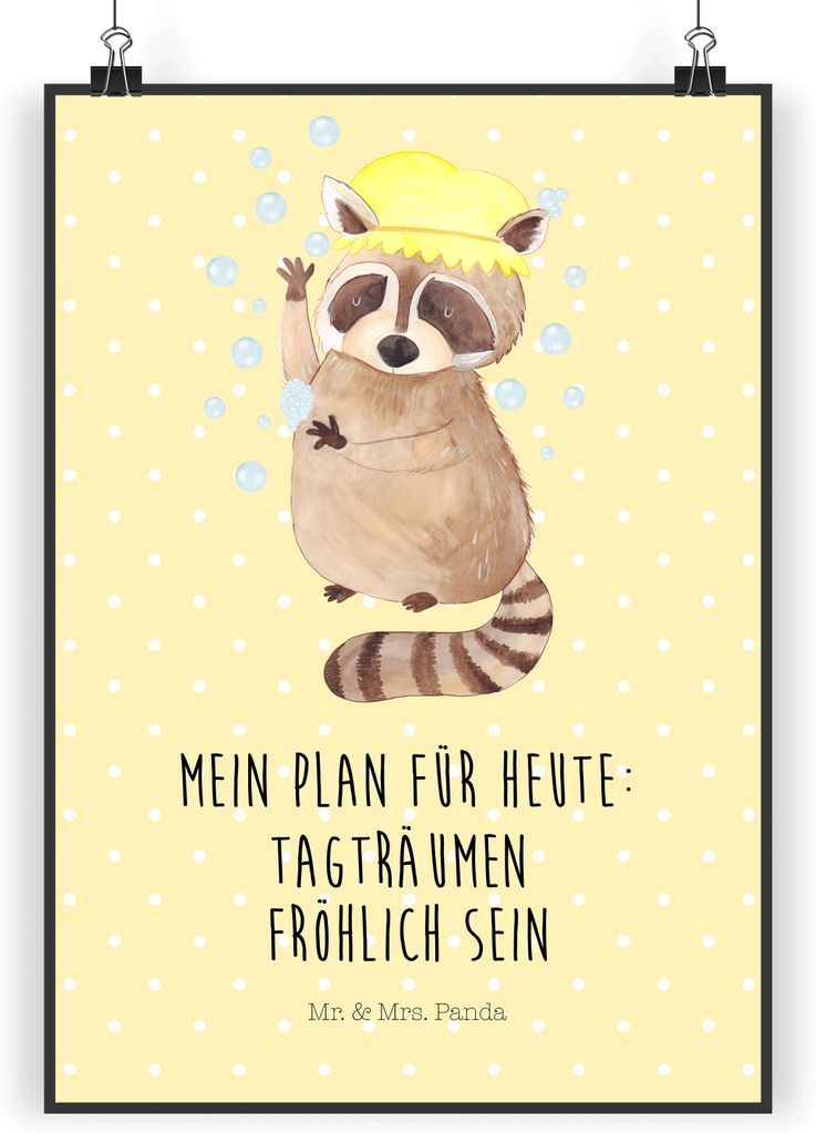 Mr. & Mrs. Panda Bild Waschbär DIN A4 - Gelb Pastell - Geschenk, Fröhlich, Plakat, Tagträumen, Plan, Lustige Sprüche, kunstdruck poster, Seifen...