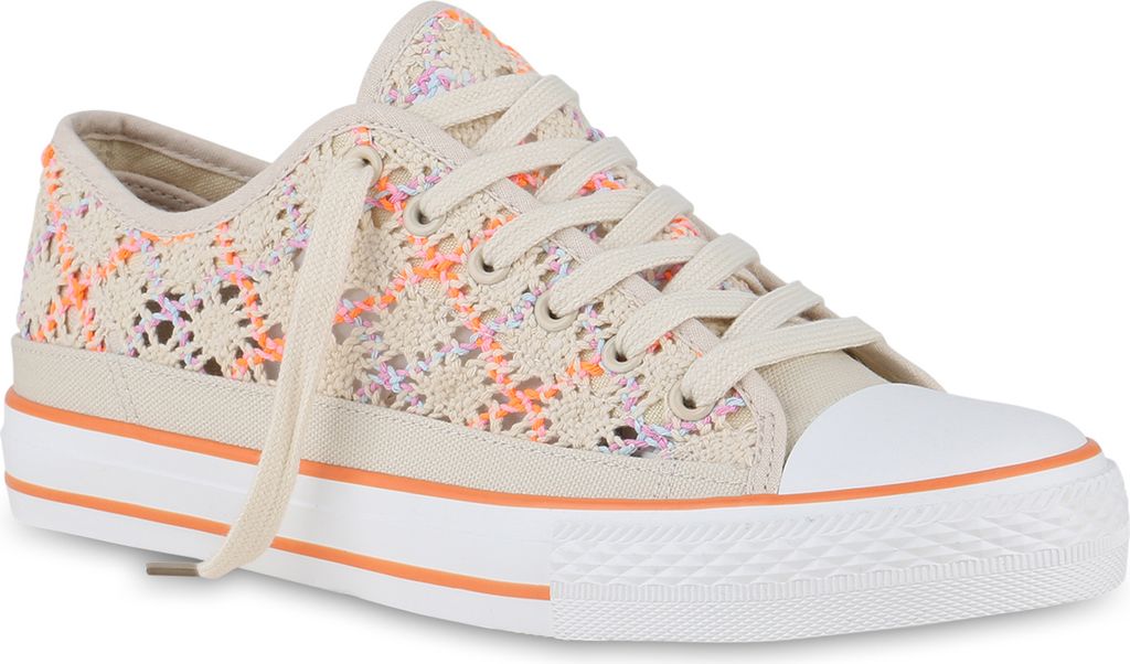 VAN HILL Damen Übergrößen Sneaker Low Schnürer Bequeme Spitze Schnür-Schuhe 841274, Farbe: Beige Orange, Größe: 45