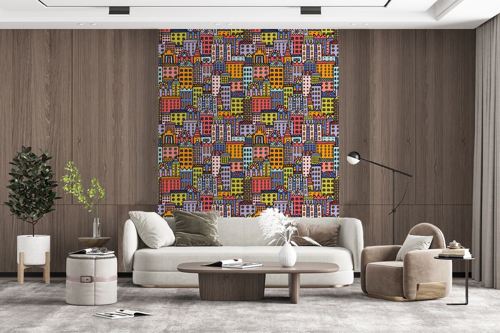 MuchoWow Fototapete für Wohnzimmer oder Schlafzimmer Wandtapete Vinyl Motivtapete Haus - Regenbogen - Muster - 165x220 cm - Wanddekorationen