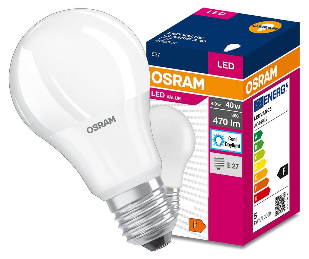 A product shot of an OSRAM LED light bulb next to its packaging.