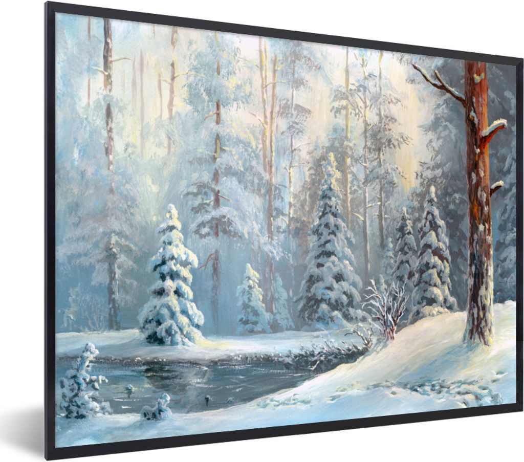 MuchoWow Gerahmtes Poster Schnee - Wasser - Baum 40x30 cm - Poster mit Schwarzem Bilderrahmen Wandposter Rahmen Foto Bilder - Kunstposter - Wandd...