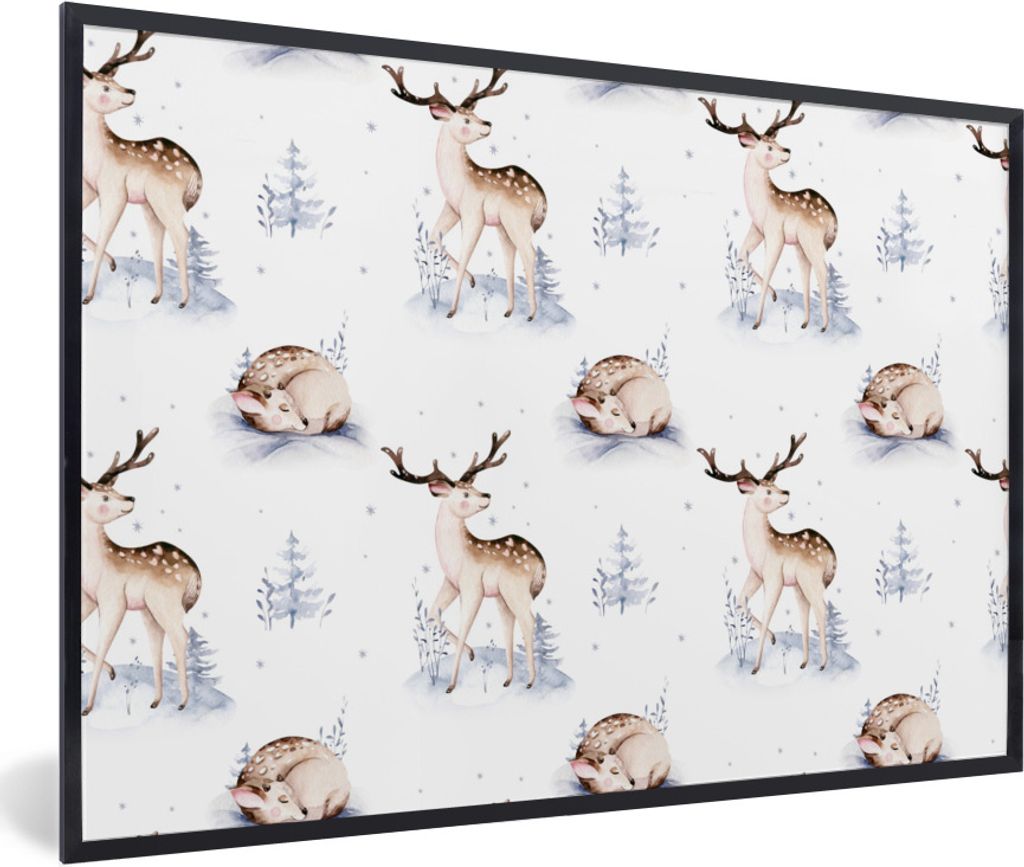 MuchoWow Gerahmtes Poster Winter - Schnee - Hirsche 30x20 cm - Poster mit Schwarzem Bilderrahmen Wandposter Rahmen Foto Bilder - Kunstdruck - Bil...