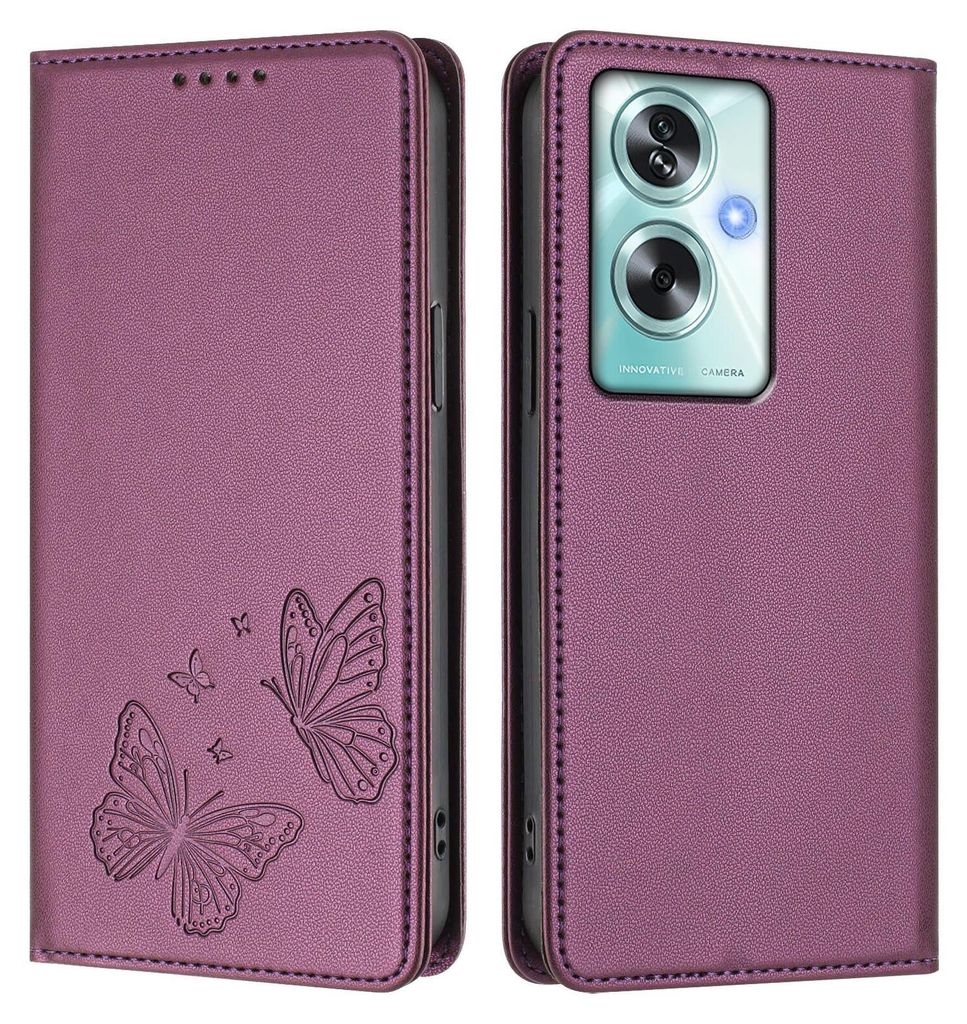 Lederhülle für Oppo A79 5G, Schmetterling Prägung Leder Brieftasche Schutzhülle mit Ständer Lila
