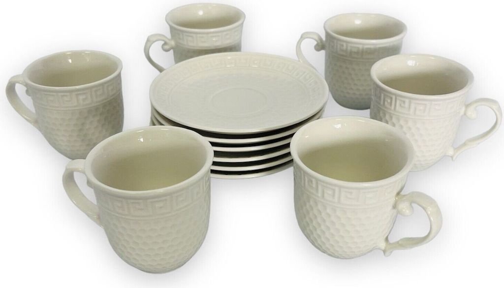 6-teilig Espressotassen Set aus Porzellan, Dickwandige Kaffeetassen mit Untertasse, 75 ml Medusa Golf Design Weiß