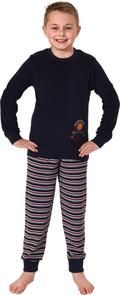 Jungen Frottee langarm Schlafanzug Pyjama mit Bündchen und Basketball-Motiv ; marine , 164