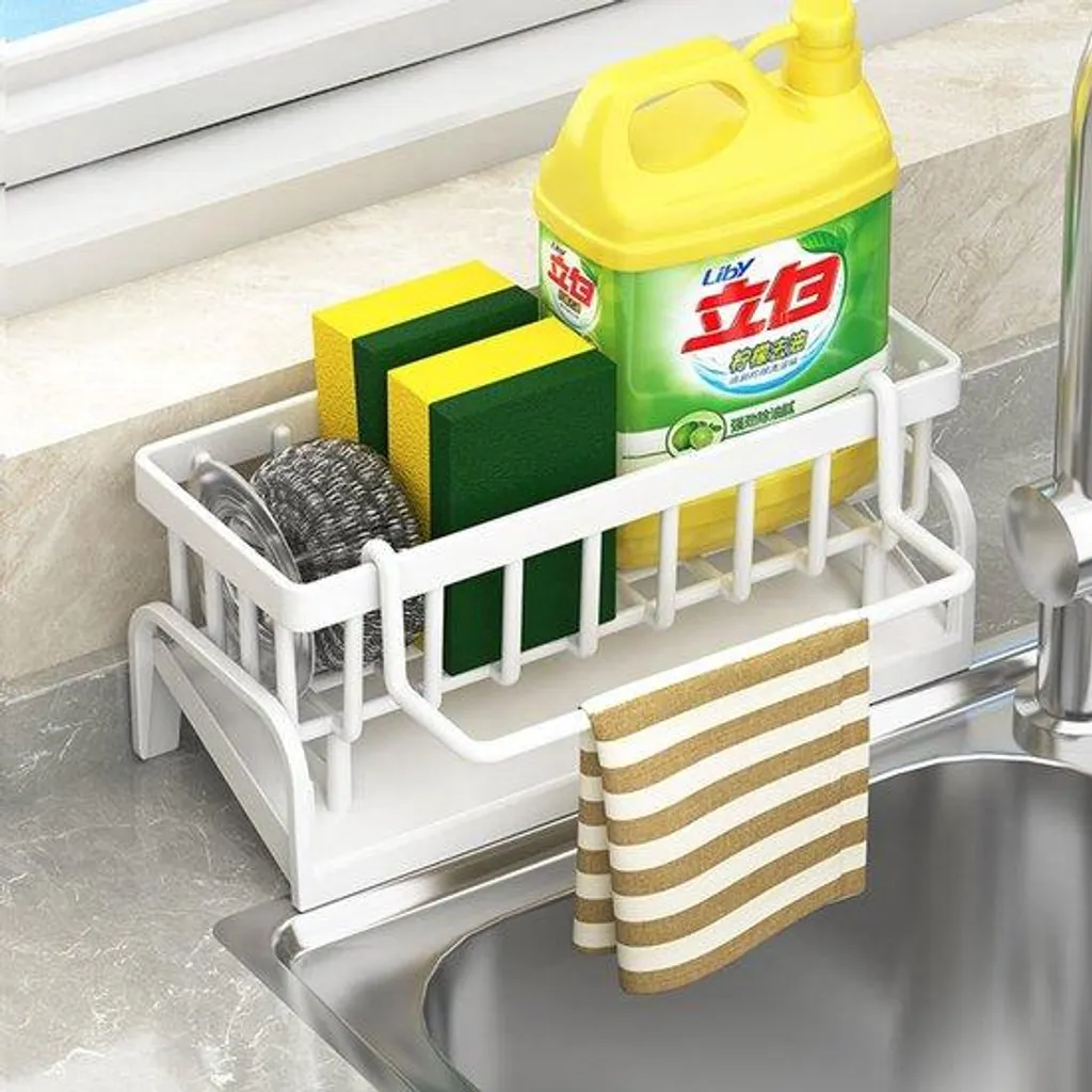 Organiseur de cuisine en acier inoxydable blanc avec étagère porte-éponge