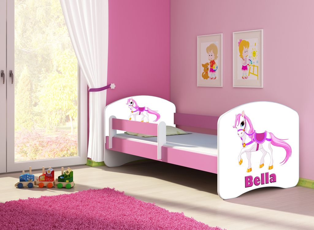 ACMA Jugendbett Kinderbett Junior-Bett Komplett-Set mit Matratze Lattenrost und Rausfallschutz Rosa 43 Kleines Pferd 180x80
