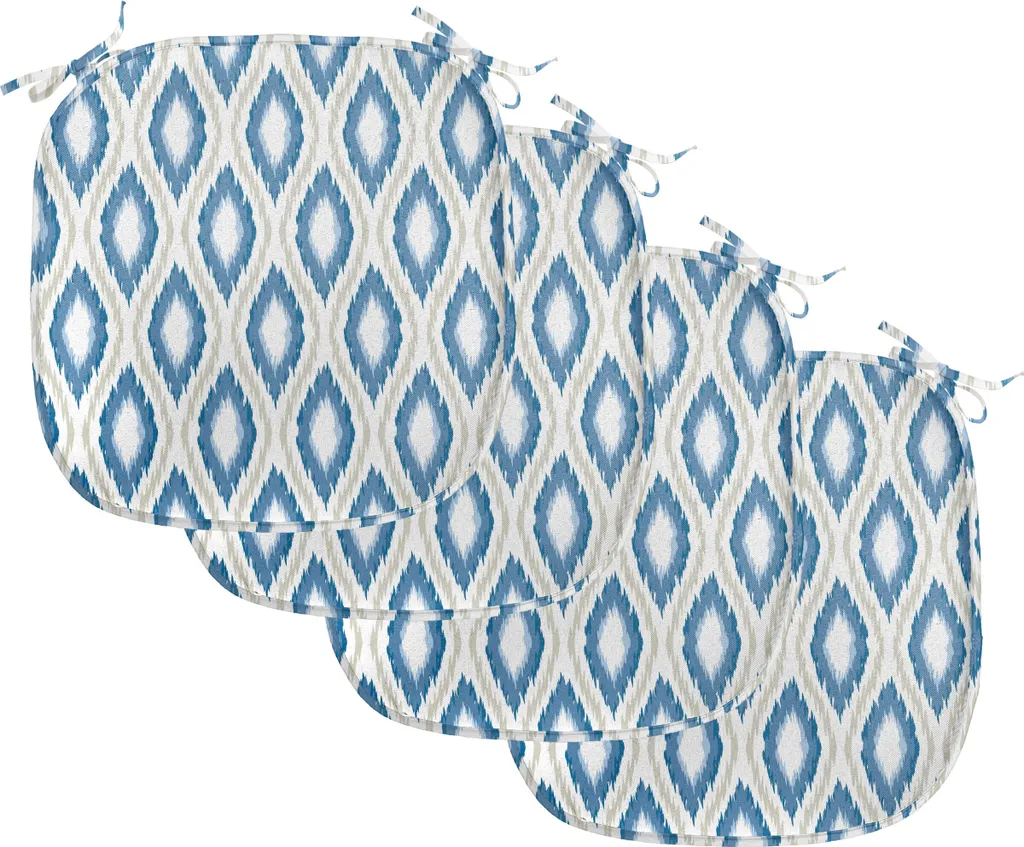 ABAKUHAUS Ikat Imbottitura per sedie da sala da pranzo, Aquatic Geometric Ovals, Cuscino decorativo impermeabile con cinturini per sedie da cucina, 40 cm x 40 cm - Confezione da 4, Blu Beige Bianco