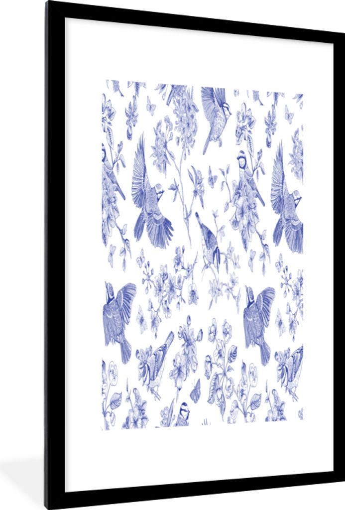 MuchoWow MuchoWow Gerahmtes Poster Vintage - Vogel - Blau 60x90 cm - Poster mit zchwarzem Bilderrahmen - Dekoration - Wandposter Wohnzimmer - H...