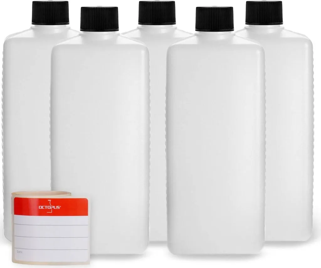 5 bottiglie di plastica quadrate da 500 ml in HDPE con tappi a vite neri