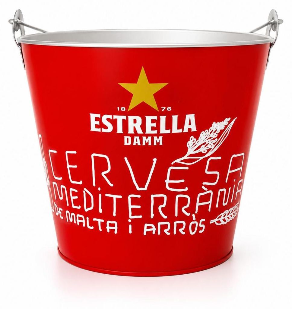 Estrella Damm Getränkeeimer Rot - Bierkühler / Flaschenkühler aus Metall | Bar- & Party Eiskübel