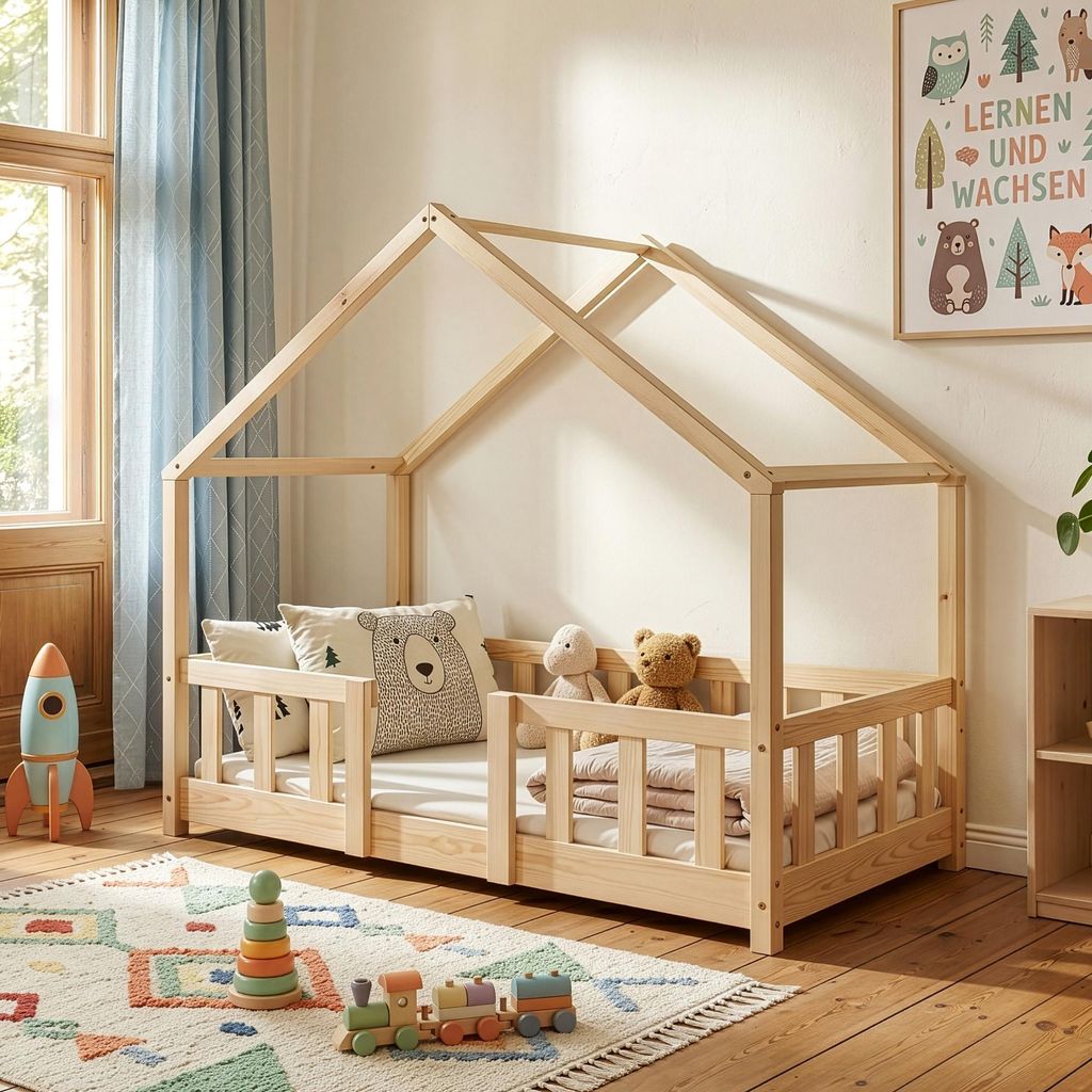 Kinderbett ’Treviolo‘ in Haus-Optik mit Rausfallschutz Produktbild 