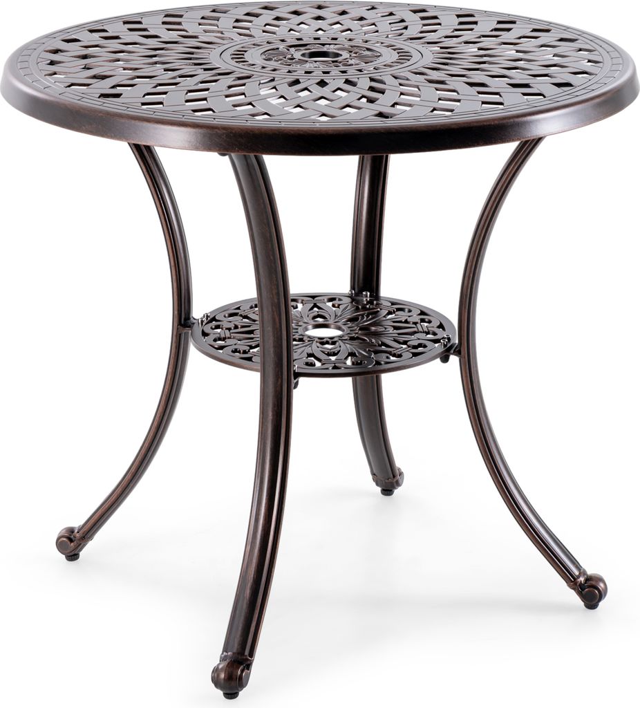 A bronze-colored round table with an ornate, patterned top and a lower shelf, standing on four curved legs.