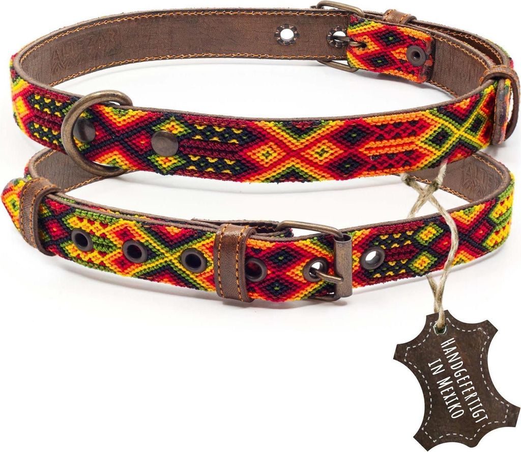 ALTEZAR Feuerrotes Hundehalsband aus Leder Tribal Feuerrot Handgemacht in Mexiko - Größe L