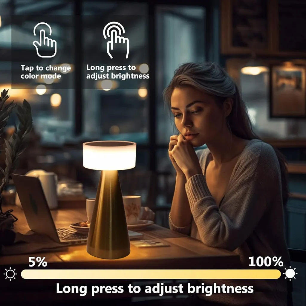 Lampe de table LED rechargeable dorée avec 3 modes de couleur et variateur - 3