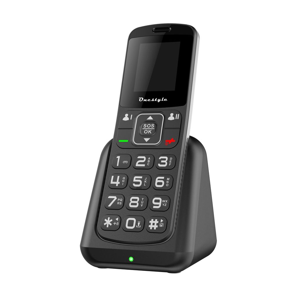 A senior-friendly mobile phone with a charging dock, presented against a white background.
