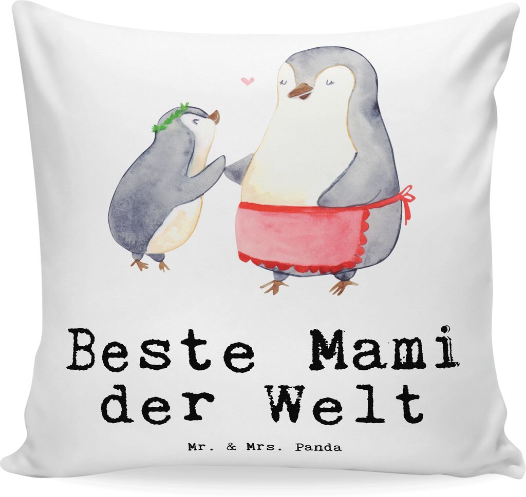 Mr. & Mrs. Panda Sofakissen Pinguin Beste Mami der Welt - Weiß - Geschenk, Kopfkissen 40x40, Mama, Dankeschön, kissen bedruckt, kuschelkissen, Be...