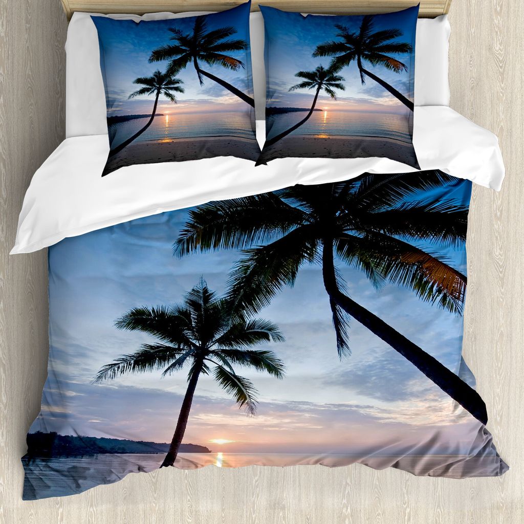 ABAKUHAUS Tropisch Bettbezug, Sunset Beach Thailand, Milbensicher Allergiker geeignet mit Kissenbezügen, 200 cm x 200 cm - 80 x 80 cm, Blau Schwar...