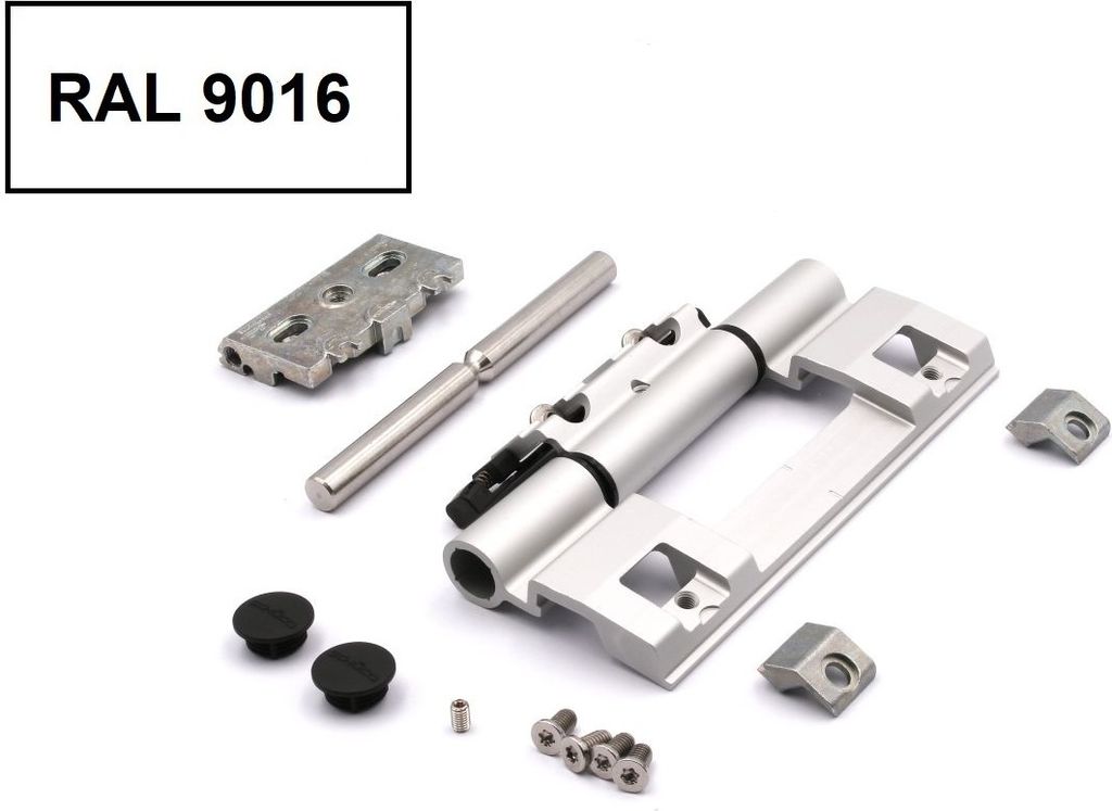 A collection of metal hardware components, including a hinge mechanism, pins, screws, and mounting brackets, arranged on a white background.