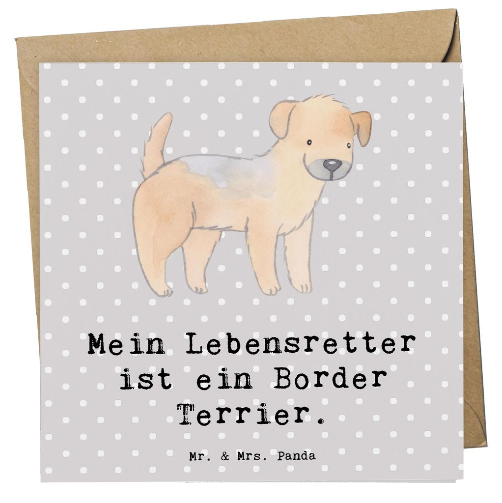 Mr. & Mrs. Panda Grußkarte Border Terrier Lebensretter - Grau Pastell - Geschenk, faltkarte, doppelkarte, anlasskarte, Glückwunschkarte, Klappkarte