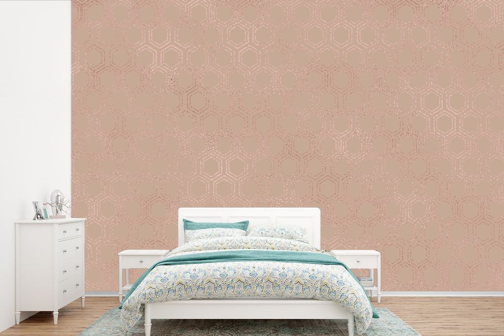 MuchoWow Fototapete für Wohnzimmer oder Schlafzimmer Wandtapete Vinyl Motivtapete Muster - Luxus - Rosa - Roségold - 600x400 cm - Vinyltapeten