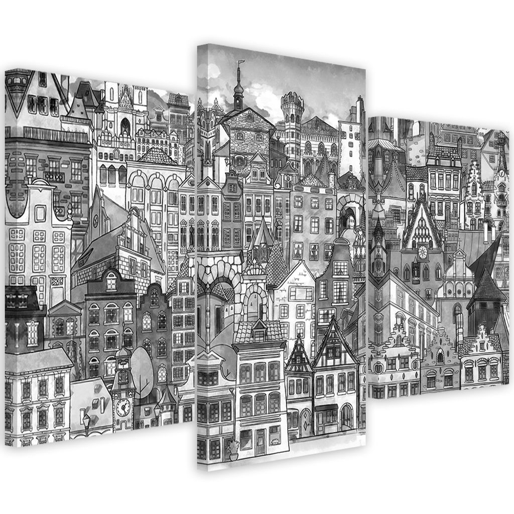 Triptychon auf leinwand stadt merry 90x60 cm Feeby grau wandbild bereit zum aufhängen