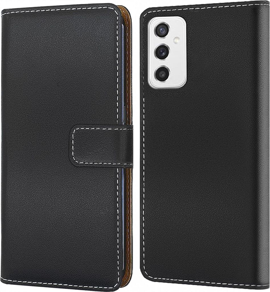 A black flip-style phone case is shown open, revealing the inside and the phone it protects. The phone has a distinctive camera module.