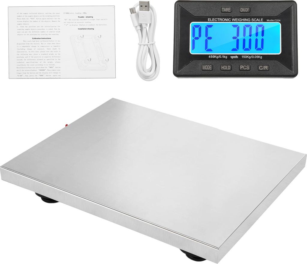 Versandwaage, 450 kg/992 lb, robuste Briefwaage aus Edelstahl mit kabelloser Anzeige/Tara/3 Einheiten, digitale Briefwaage fuer Pakete/Postamt/Zuhause