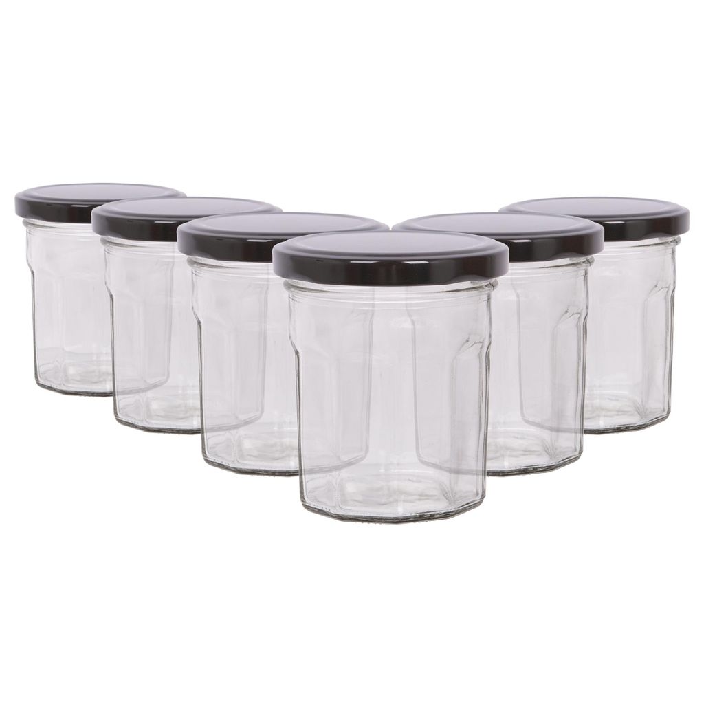 6x 185ml Marmeladengläser mit Schwarze Deckel - Leer Schraubenkopf Küche Essen Honig Würzen Konservieren Einmachen Lagerung Glas-Set - Von Argon Ta