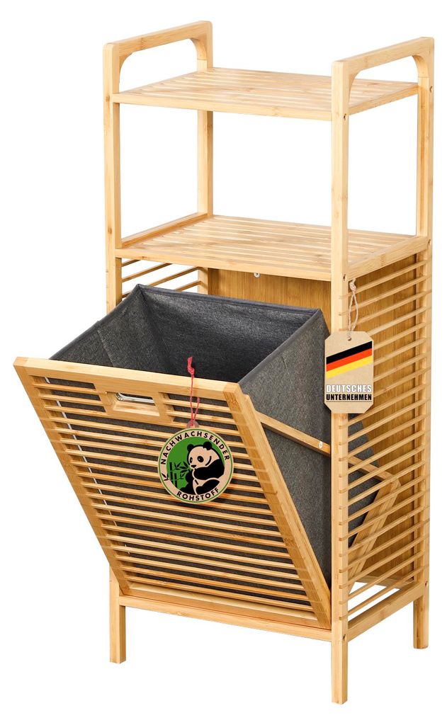 A bamboo laundry basket with shelves and a fabric liner, shown with its lid open.