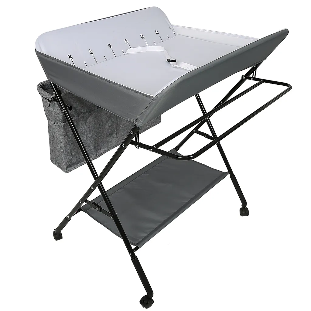 Table à langer ergonomique anti mal de dos avec roues et rangement - Gris