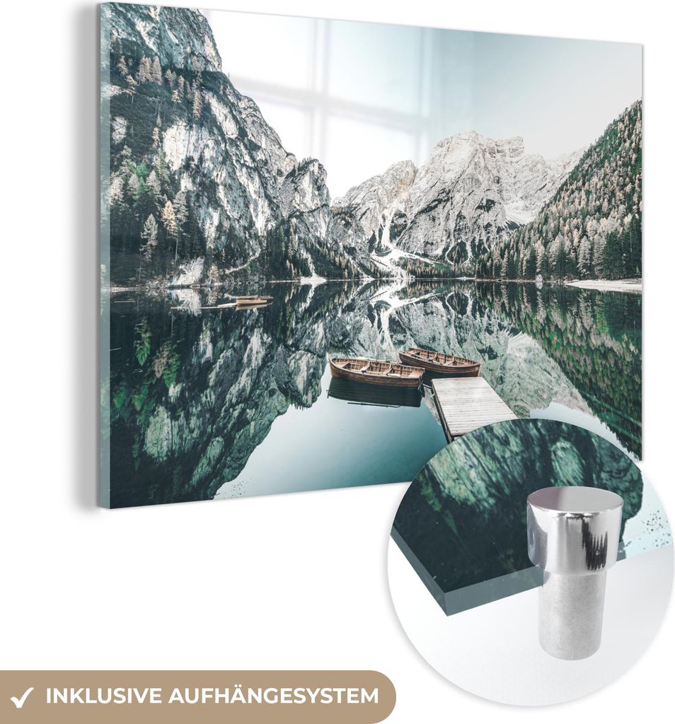 MuchoWow Glasbilder - Bilder auf Wandbild - Foto auf Glas Landschaft - Boot - Winter - Berge 30x20 cm Wanddekoration aus Glas - Acrylglasbild - Acr...