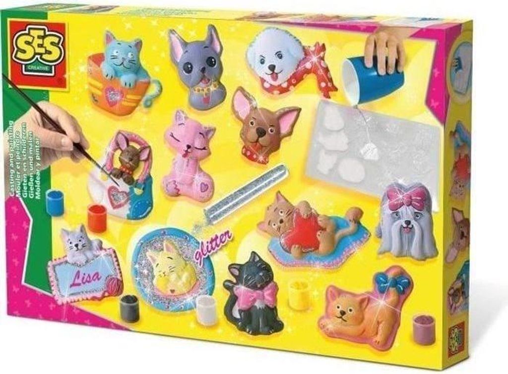 SES Creative Gipsfiguren Set Hunde und Katzen, Gipsformen und Bemalen, Gelb, Grün und Rosa, 5+ Jahre