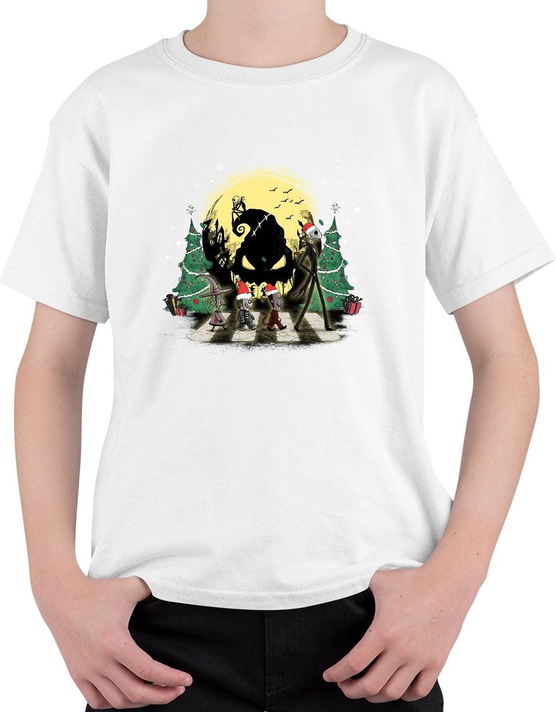 Jack Skellington Halloween Weihnachten Skelett Mond Tannenbaum Uni Kinder T-Shirt, Weiß, 116
