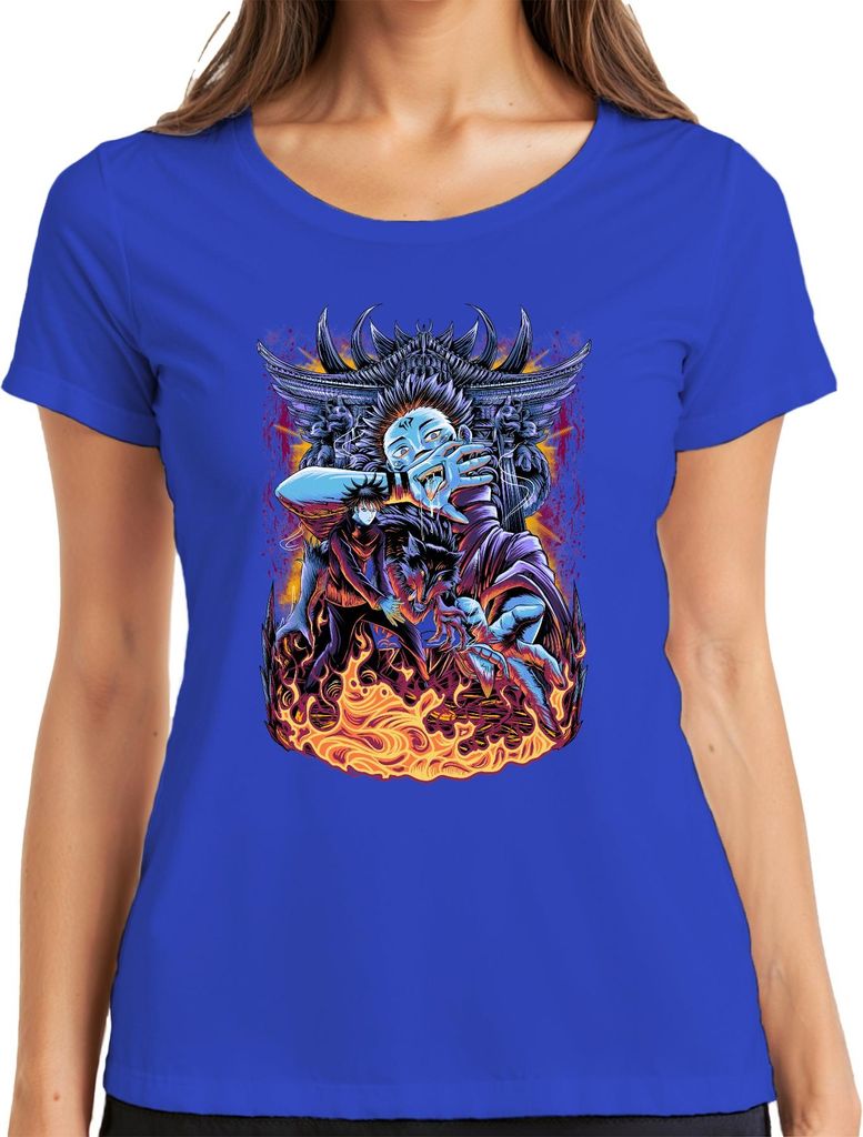Oni Dämon blaues Gesicht Wolf Flammen japanisch Anime düster Damen T-Shirt, Blau, XL