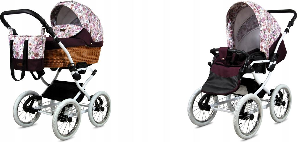 Babylux Classic White | 2in1 Kinderwagen Set | Maroon Flowers | Kombikinderwagen | Kinderwagens
