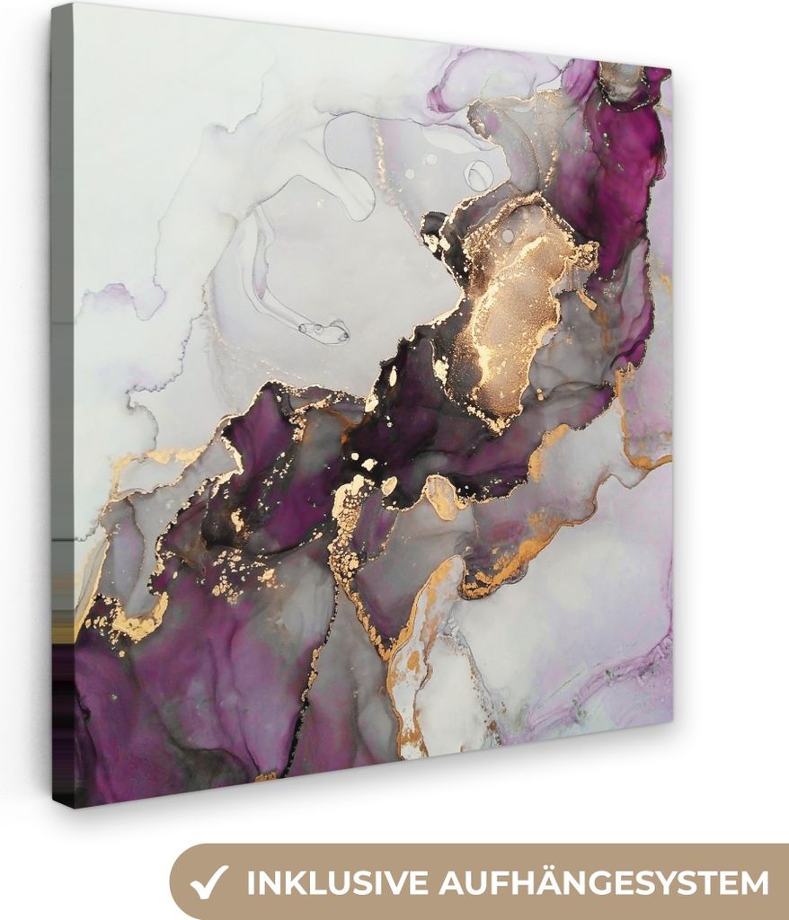 MuchoWow - Leinwandbilder - Marmor - Abstrakt - Gold - Lila, Wandbild, Wanddeko Bilder Wohnzimmer, 20x20 cm