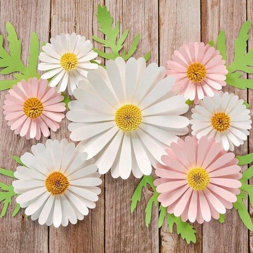 Set von 7 3D Papierblumen - Weiß und Roter Blumenstrauß - Kunstblumen für Wand, Wohnzimmer, Schlafzimmer, Kinderzimmer und Ostern