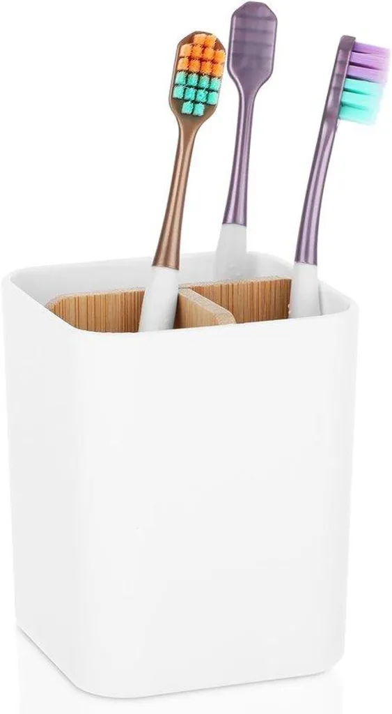 Rangement brosse à dents blanc et bambou design pour salle de bain