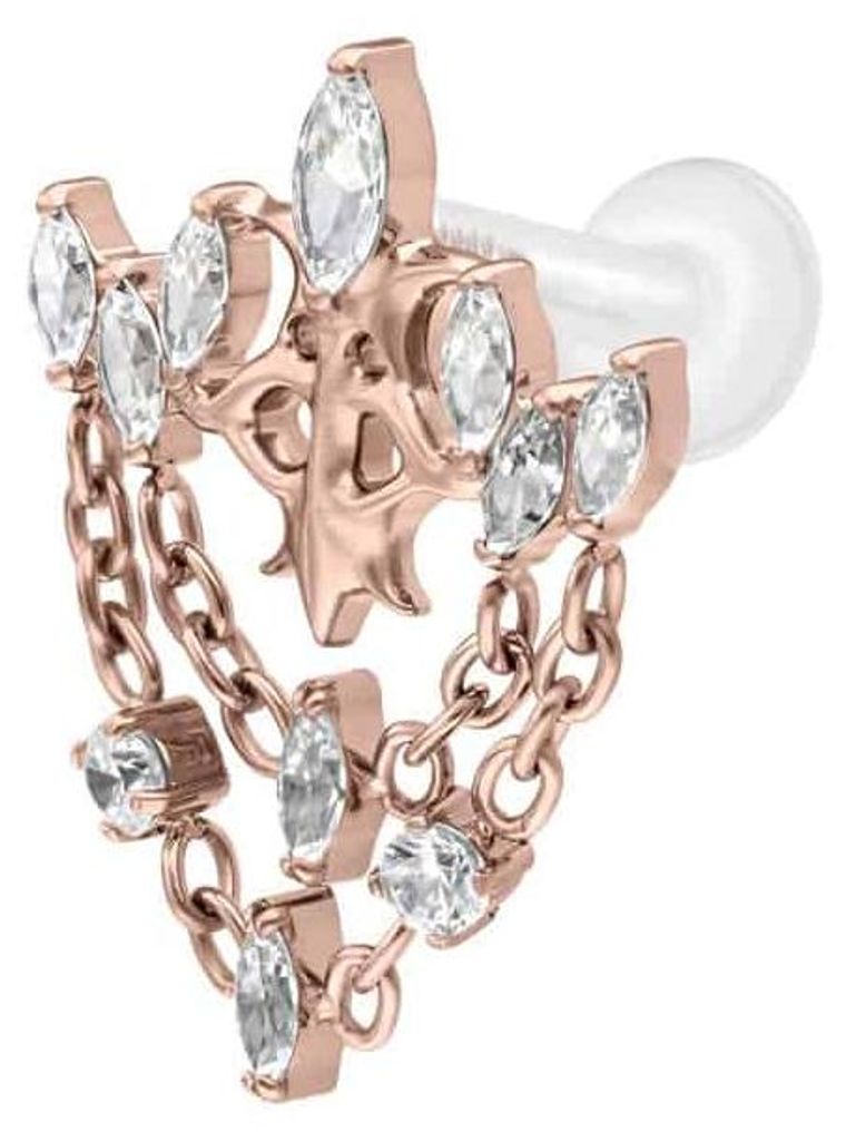 Ohrpiercing, Nasenpiercing PTFE Labret mit Innengewinde + Titan-Aufsatz GOTISCHE KRONE + KETTEN RoséGold Stablänge: 7mm | Stabstärke: 1,6mm