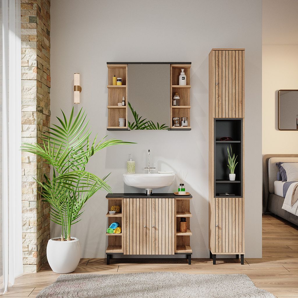 Set Mobili Bagno Marelle Vicco - 3 Parti Bianco/Rovere Con Colonna E Specchio - Foto 8