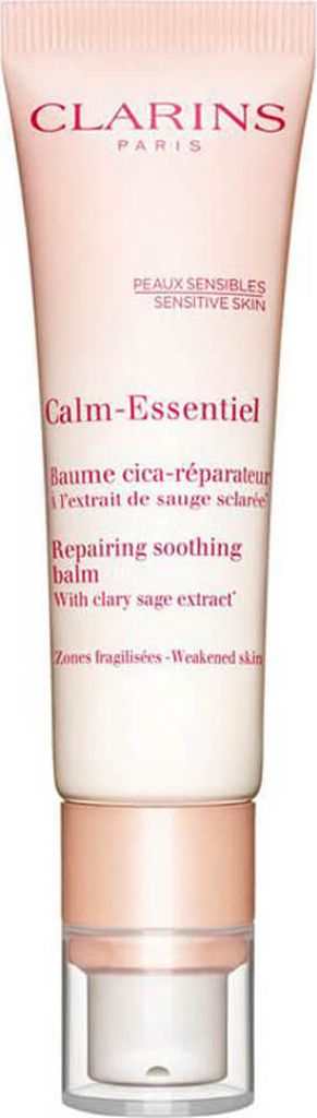 A product shot of a Clarins Calm-Essentiel Repairing Soothing Balm tube.