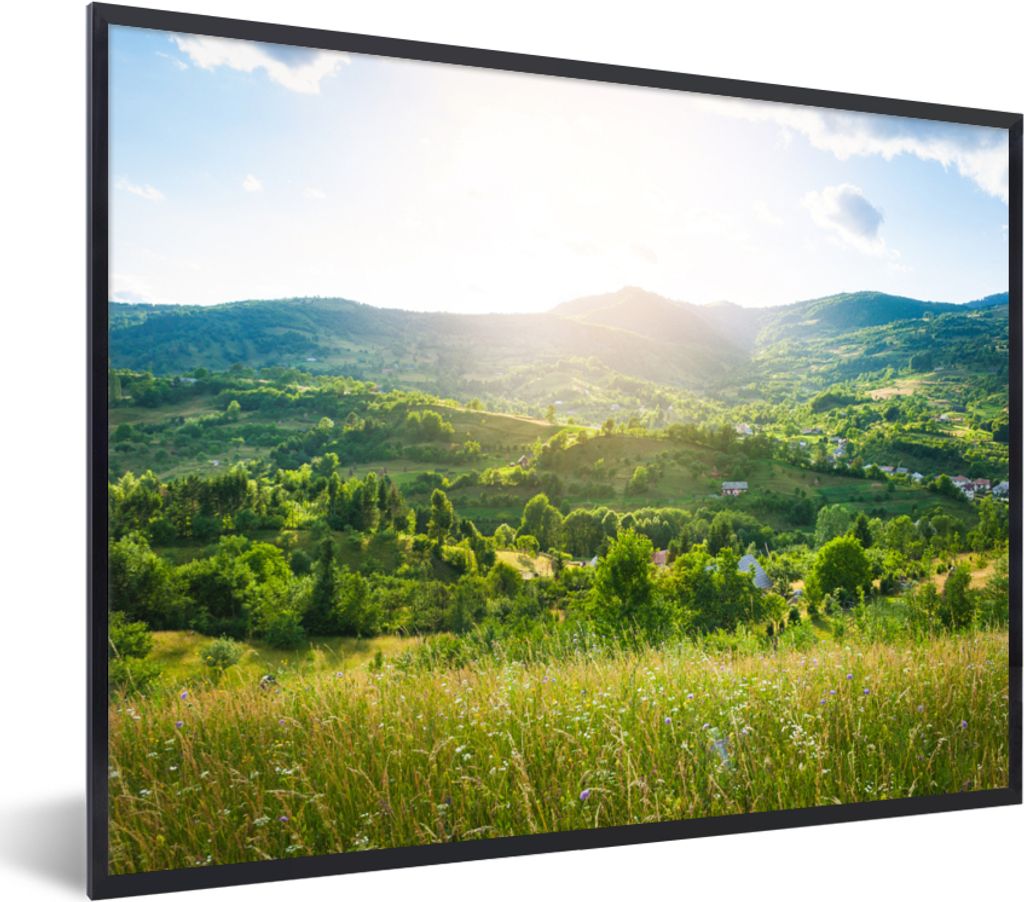 MuchoWow Gerahmtes Poster Wald - Landschaft - Sonne - Natur - Sonnenaufgang 80x60 cm - Poster mit Schwarzem Bilderrahmen Wandposter Rahmen Foto B...