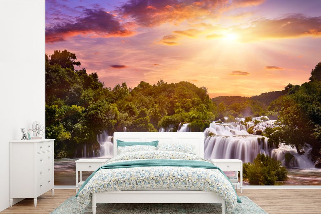 MuchoWow Fototapete für Wohnzimmer oder Schlafzimmer Wandtapete Vinyl Motivtapete Wasserfall - Landschaft - Sonne - Wolken - Sonnenuntergang - 5...