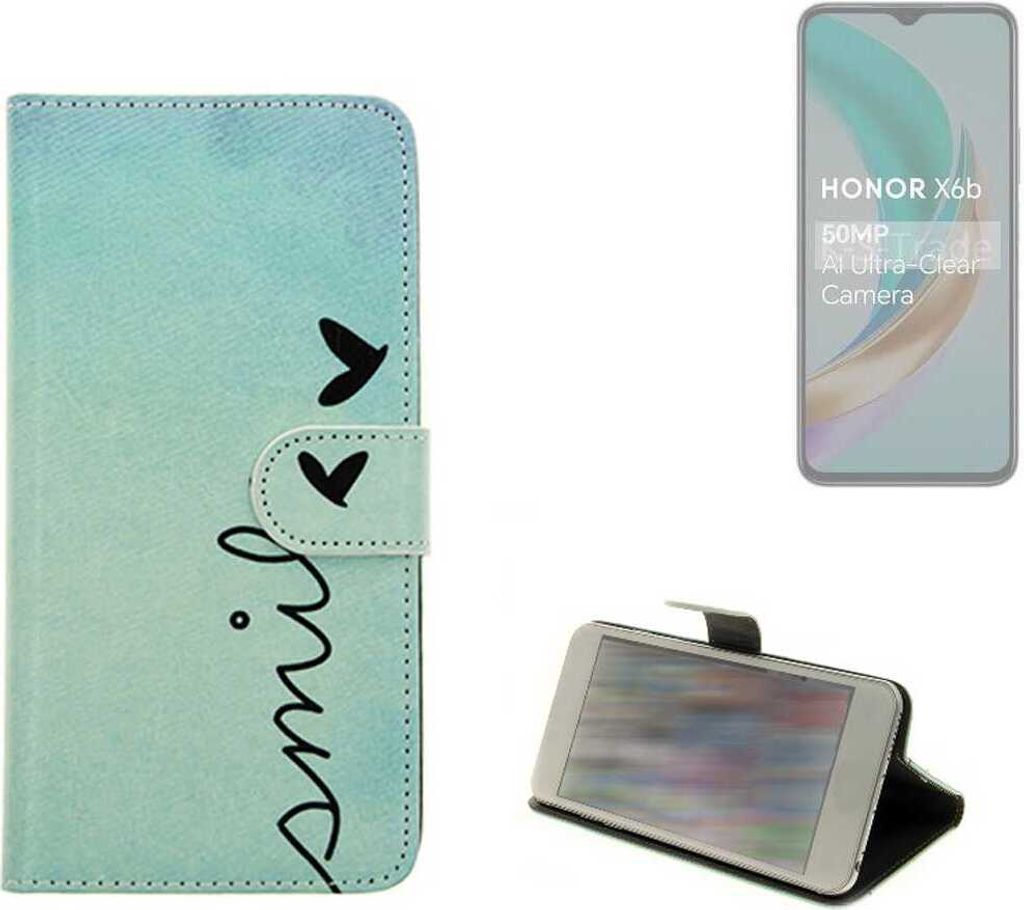 K-S-Trade Schutz Hülle Handy Hülle kompatibel mit Honor X6b Hülle Handyhülle cover bookstyle Etui Handyhülle “smile“ türkis Standfunktion
