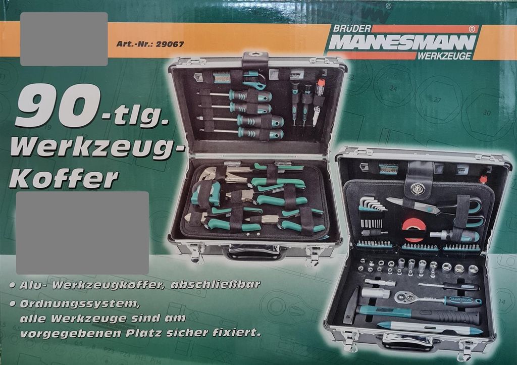 The image shows the packaging of a tool case, with the case itself open to display the tools inside.