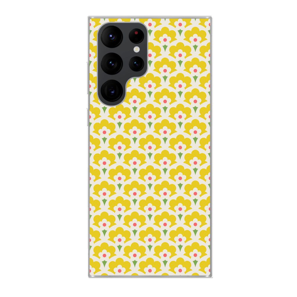MuchoWow Handyhülle Schutzhülle Hülle für Samsung Galaxy S22 Ultra Design - Retro - Siebziger Jahre - Gelb Silikon Softcase Handy Hülle - Ab...