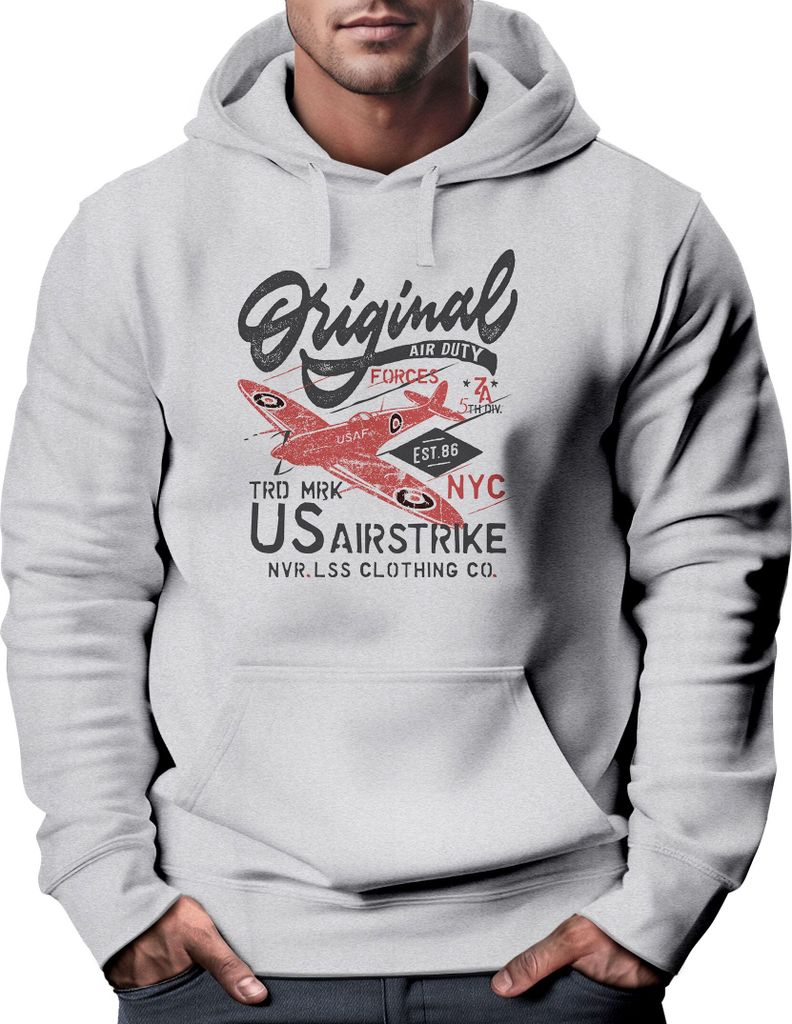 Hoodie Herren US Airforce Army Motiv Spitfire Flugzeug Vintage Motiv Retro Schriftzug Kapuzen-Pullover Männer Fashion Streetstyle Neverless grau S